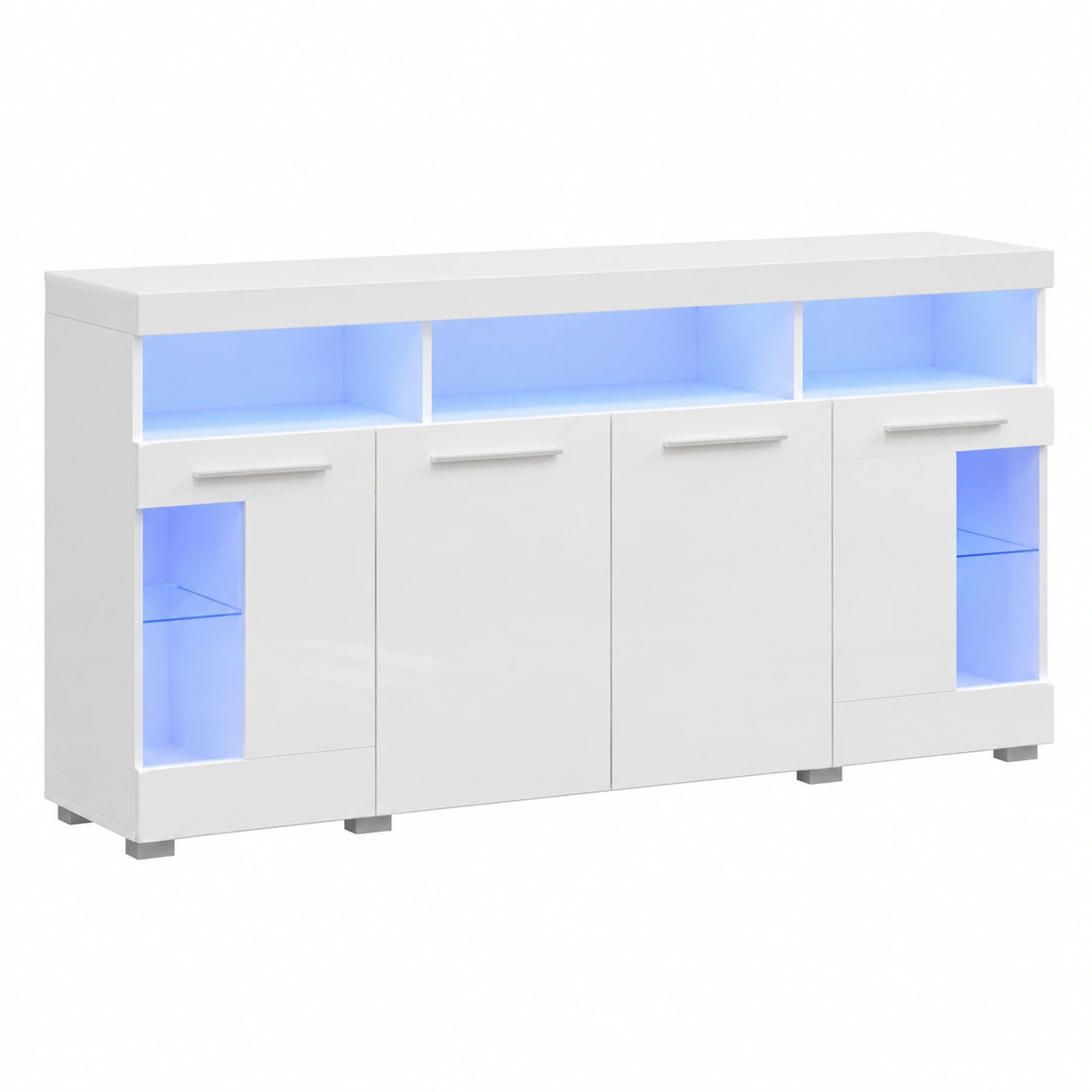 Sideboard – 140 × 40 × 70 cm, moderner Stil, mit LED-Beleuchtung, mit Schubladen, mit Ablagen, aus Glas, für Küche, Wohnzimmer und Flur