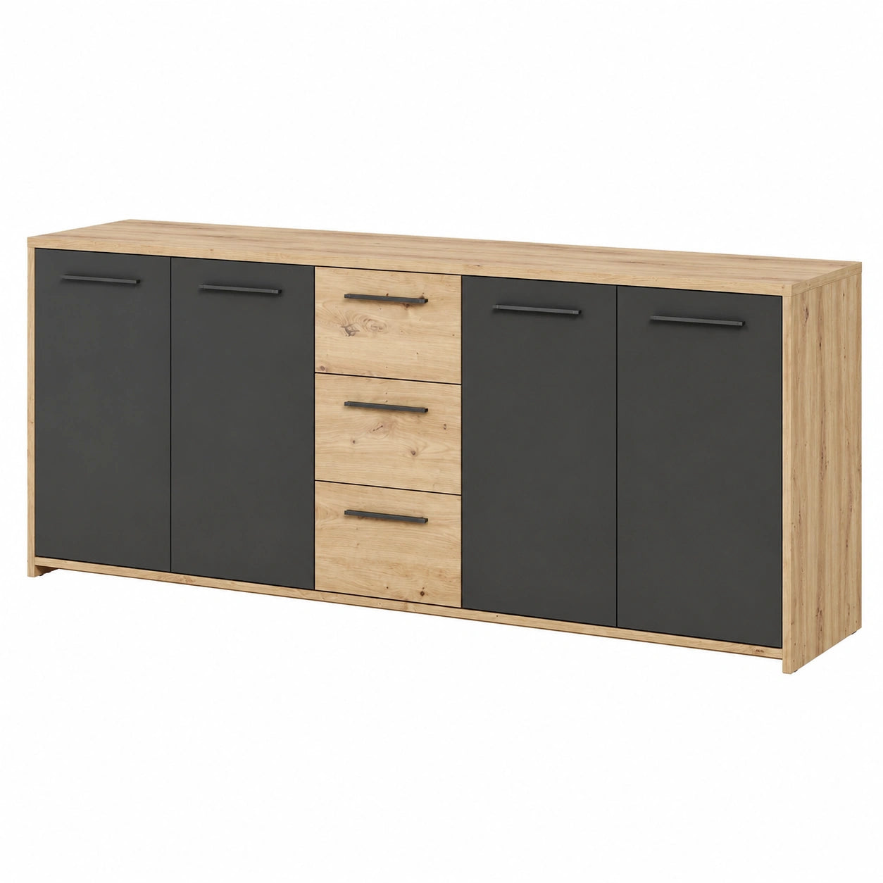Sideboard – 179 cm, moderner Stil, mit Schubladen, mit mehreren Türen, aus Holzwerkstoff und Eichenholz, Artisan-Eiche und Schwarz, für Schlafzimmer