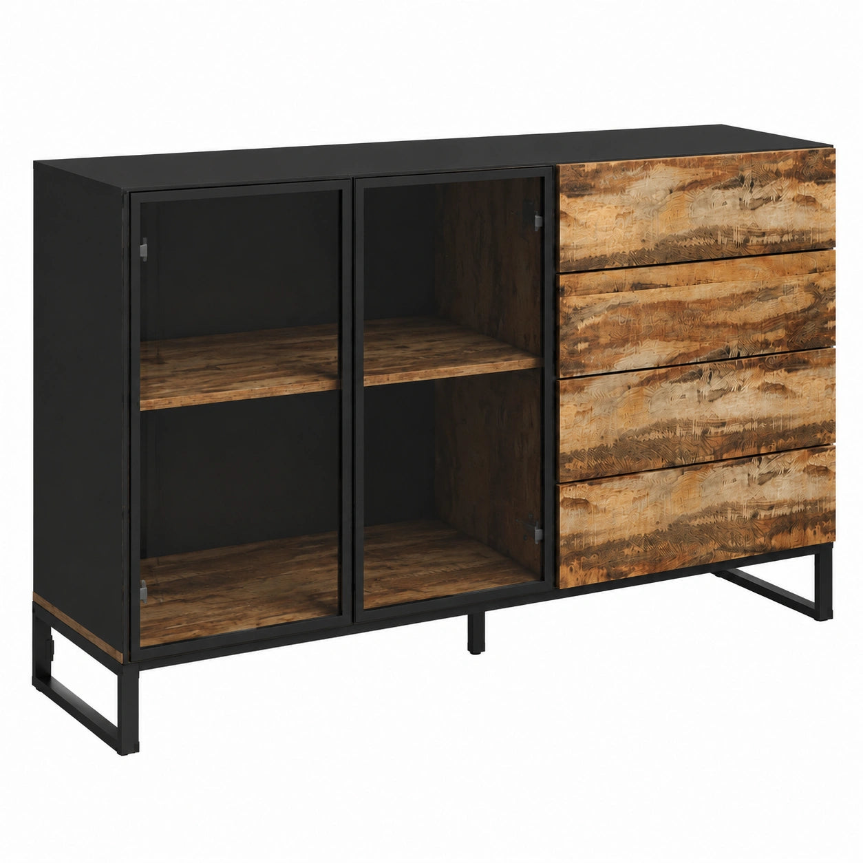 Sideboard – 160 × 95 × 41 cm, mit LED-Beleuchtung, mit Schubladen, Schwarz, für Wohnzimmer