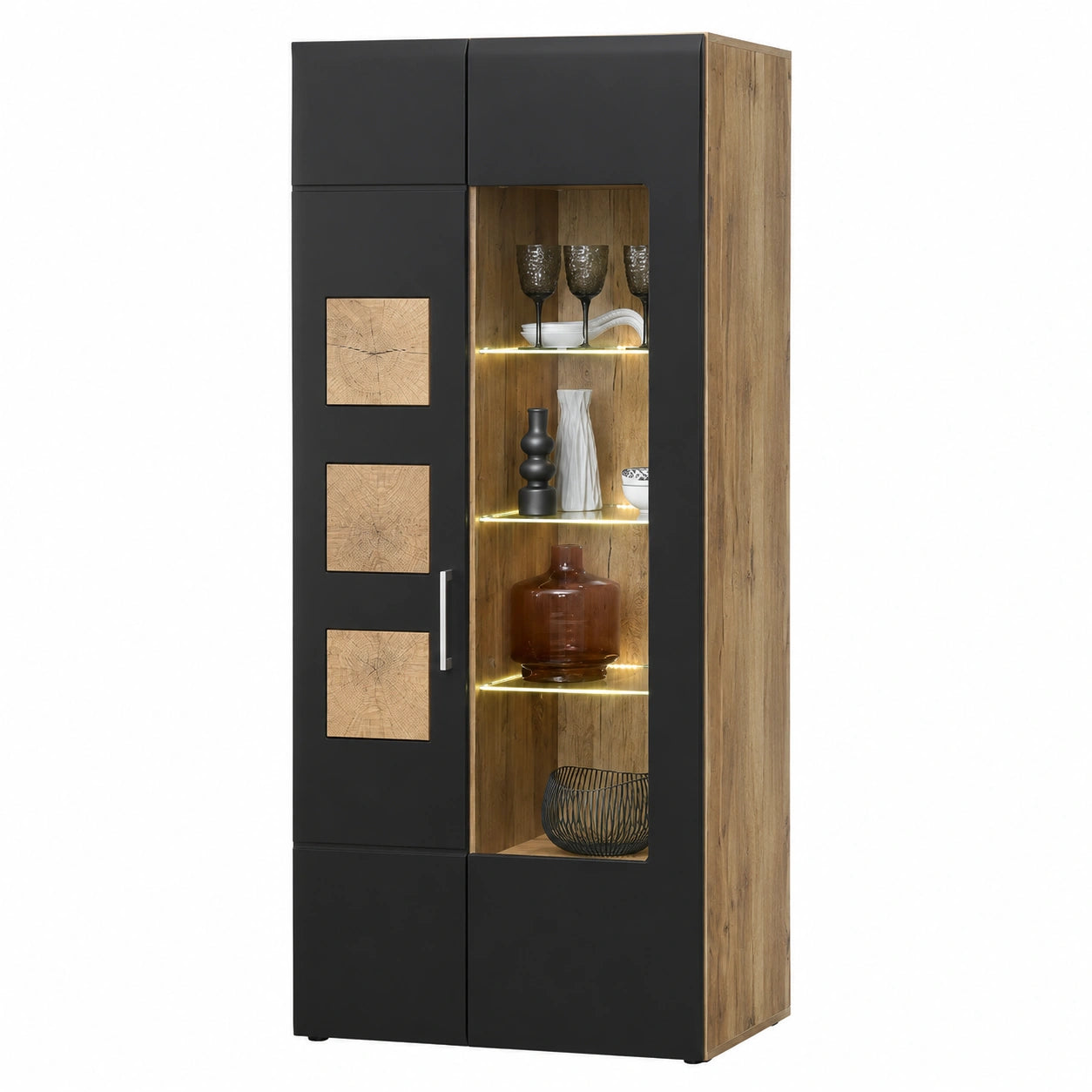 Vitrine – 80 × 208 × 37 cm, moderner Stil, mit LED-Beleuchtung, aus Eichenholz, Schwarz